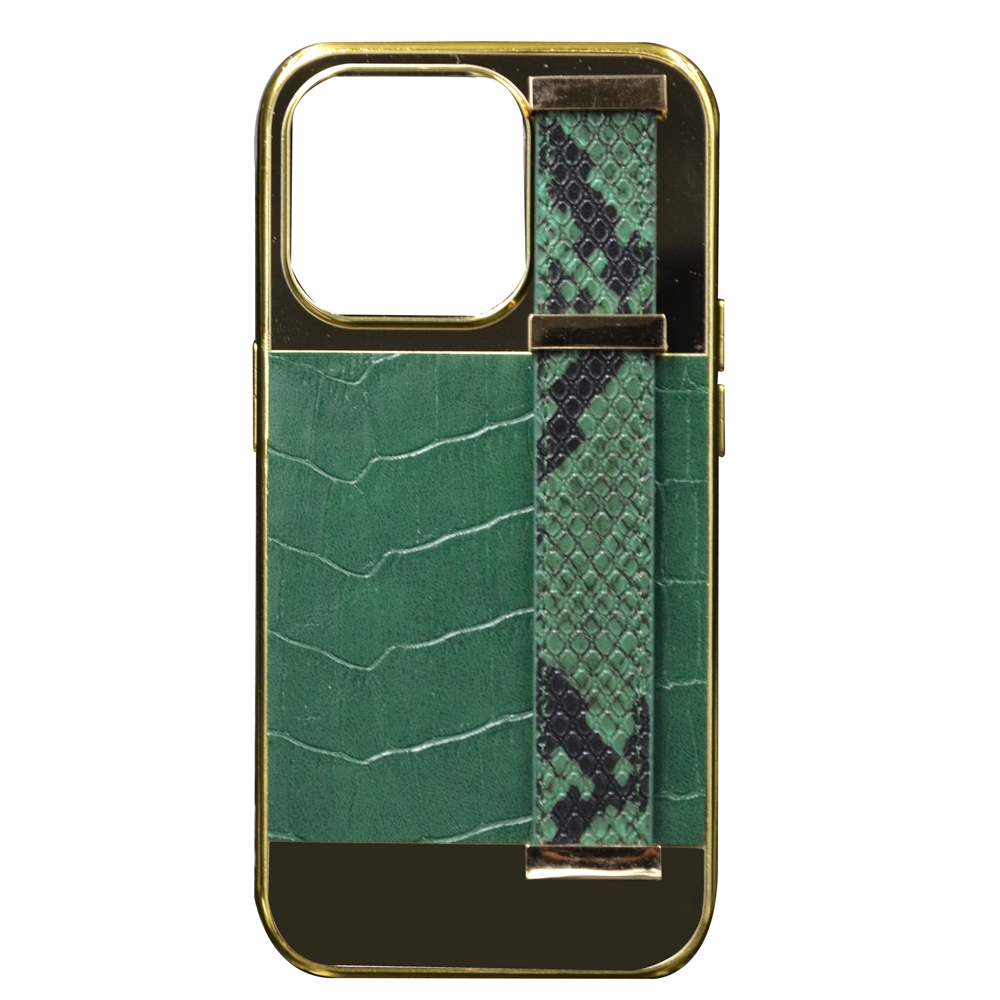 GOLD FRAME CROCO LEATHER BACK GRIP CASE IPHONE 14 PRO GREEN