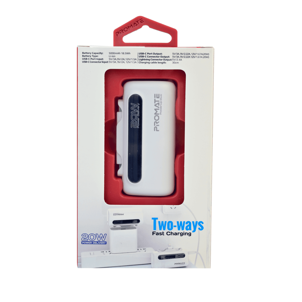 Promate Powerup-Duo Ultra-Compact Fast Charging Powerbank, 5000mAh, White