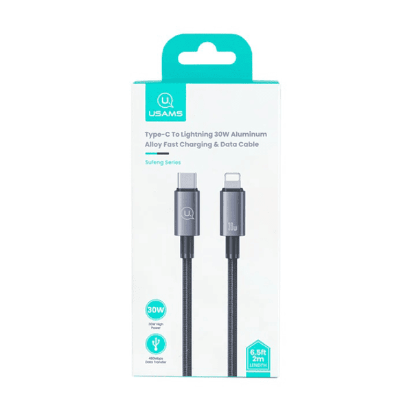 USAMS 2 METRE SJ665 TYPE-C TO LIGHTNING 30W ALUMINUM ALLOY FAST CHARGING & DATA CABLE