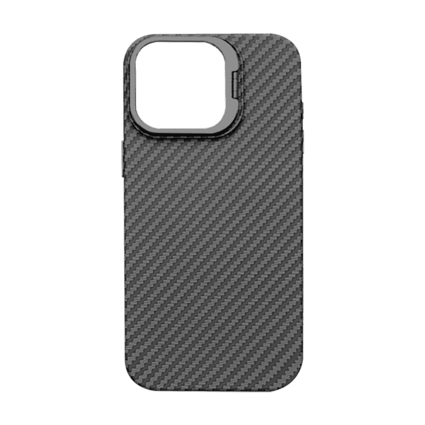 X-Fitted Silk Screen Design Carbon Fiber Case with Kick Stand for iPhone 16 Pro Max - Black