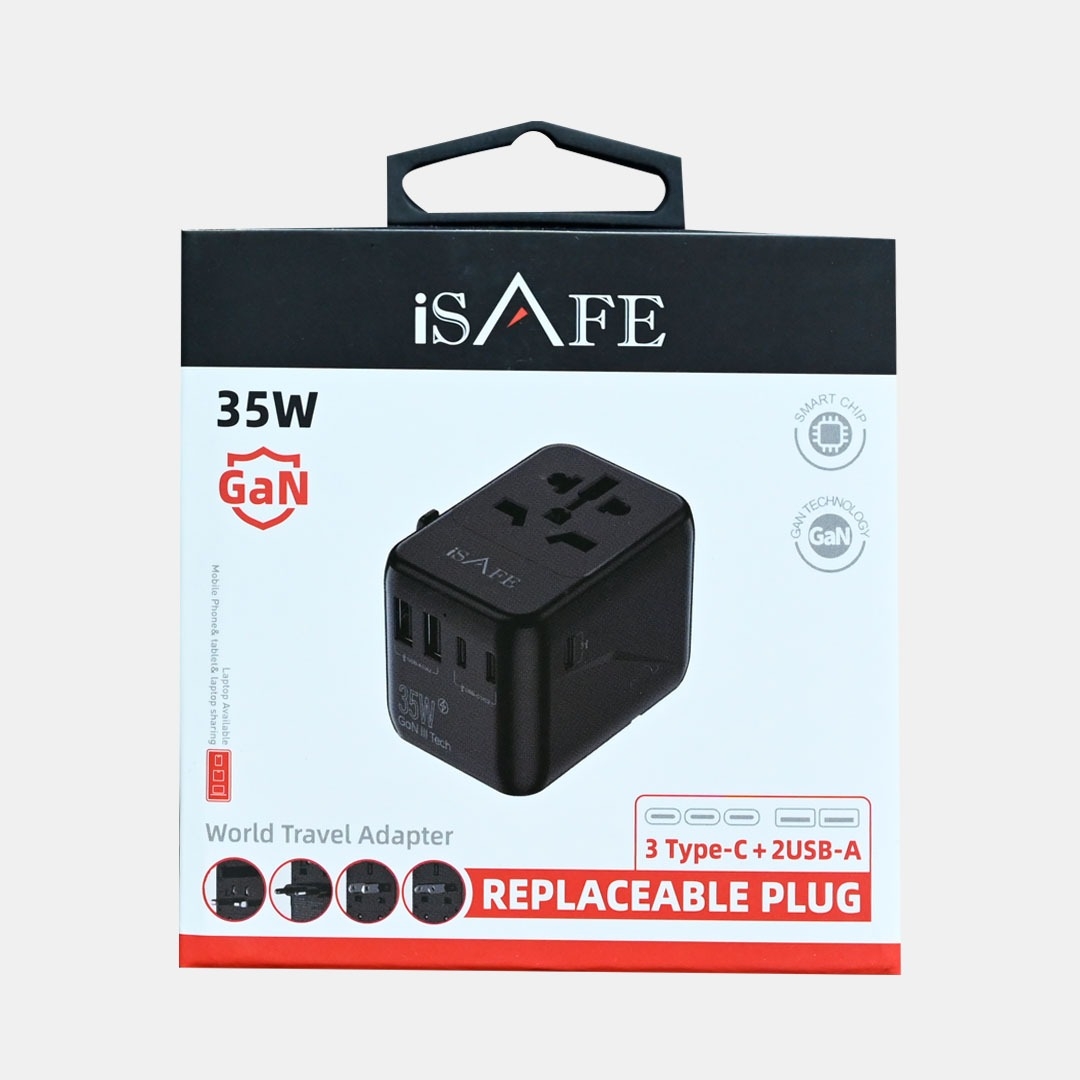 ISAFE 35W GAN WTA35W WORLD TRAVEL ADAPTER BLACK