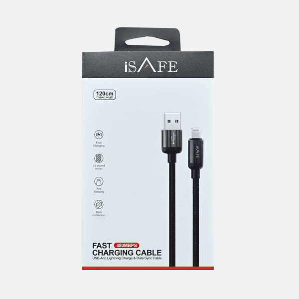 ISAFE WOVEN NYLON BRAIDED CABLE USB TO LIGHTNING BLACK