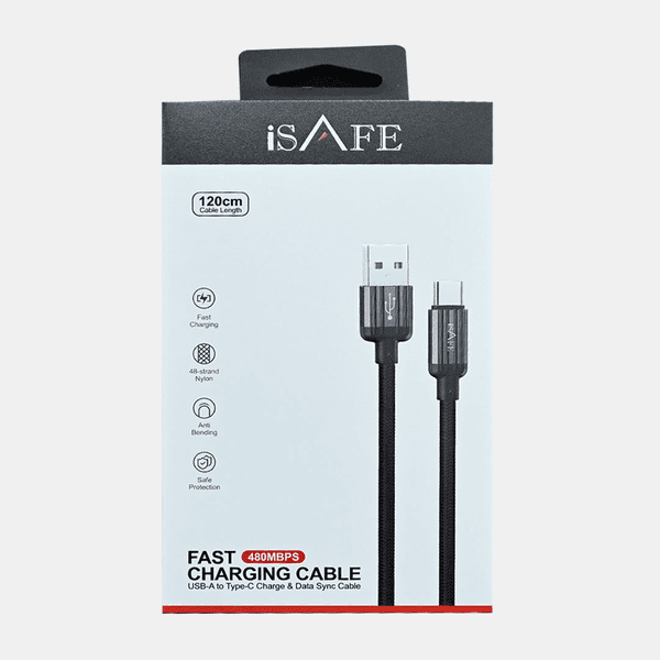 ISAFE WOVEN NYLON BRAIDED CABLE USB TO TYPE-C BLACK