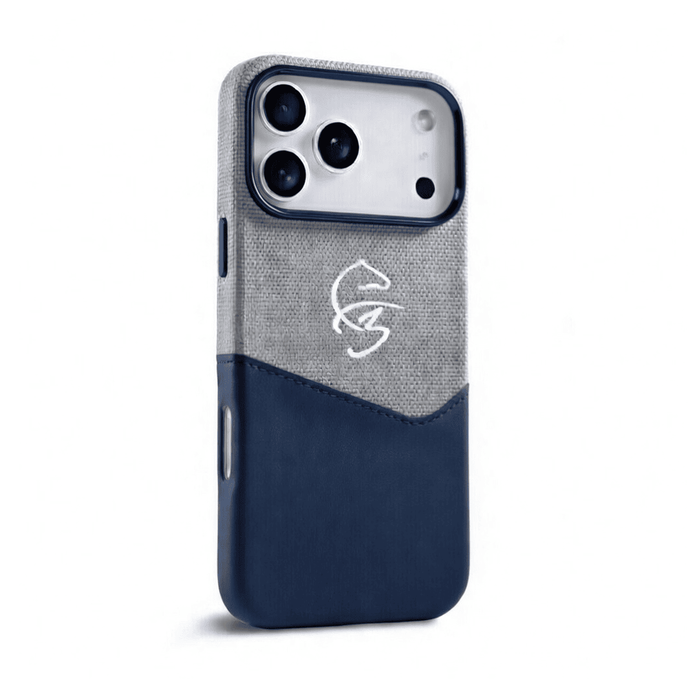 F3 iPhone 17 Pro Max Leather Case – BUVU Fazaa Hard Slim Cover Blue/Grey