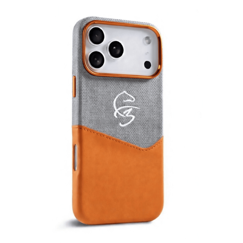 F3 iPhone 17 Pro Max Leather Case – Durable Slim Hard Cover Grey/Orange