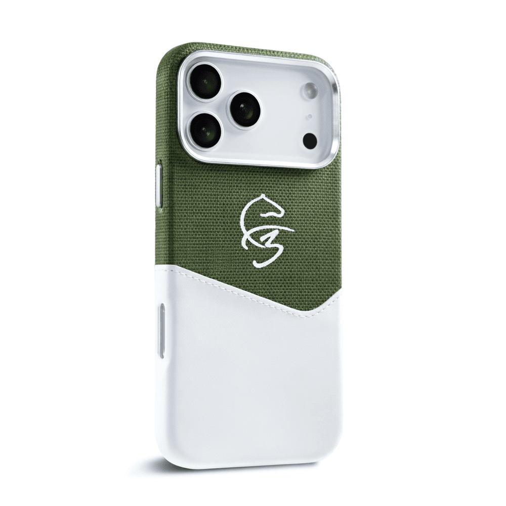 F3 iPhone 17 Pro Leather Case Green/White – BUVU Fazaa Slim Hard Protective Cover