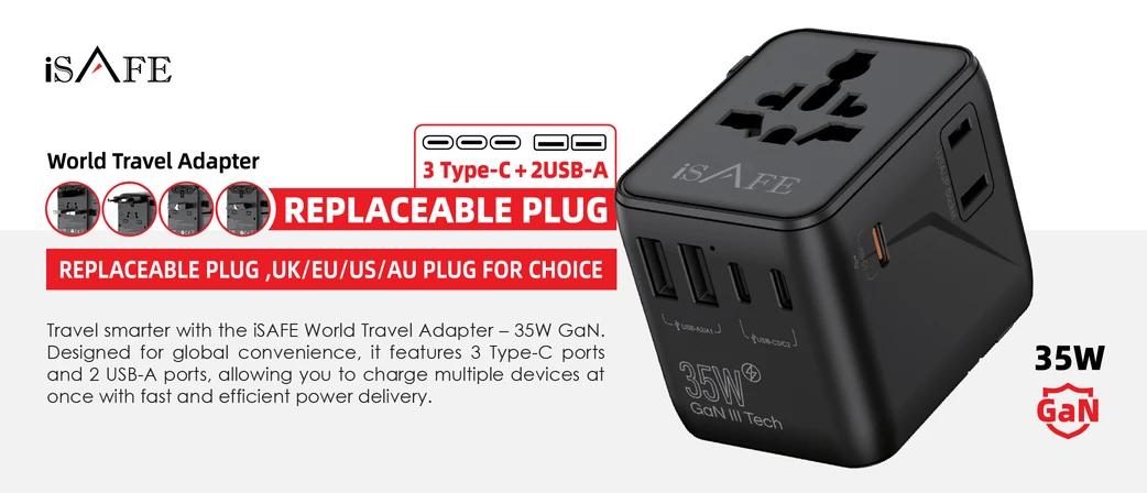 iSafe 35w Gan Wta35w World Travel Adapter - Black