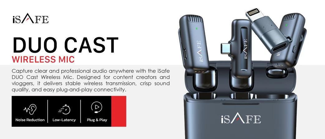 iSafe Duo Cast 2-in-1 Wireless Microphone – Dual Mic System for iPhone & Android, Noise Reduction, Plug & Play – Black