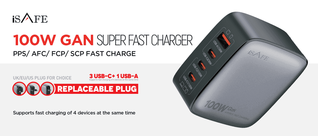 ISAFE 100W GAN HOME CHARGER Q408 WITH REPLACABLE PLUG AND TYPE-C TO TYPE-C CABLE BLACK