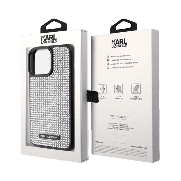 KARL LAGERFELD PHINESTONE WITH LOGO METAL PLATE CASE IPHONE 15 PRO MAX SILVER