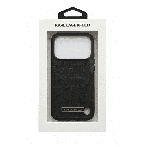 KARL LAGERFELD PU GRAINED CASE WITH CARD HOLDER & MONOGRAM HOT STAMPED PATTERN DE SIGN FOR IPHONE 17 PRO MAX - BLACK