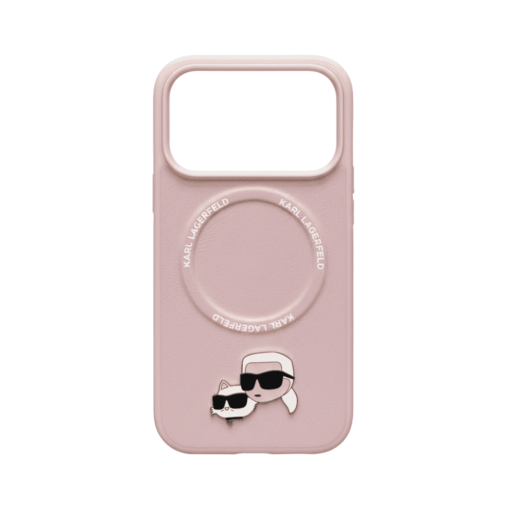 KARL LAGERFELD PU LEATHER CASE WITH KARL & CHOUPETTE HEAD PINS FOR IPHONE 17 PRO - PINK