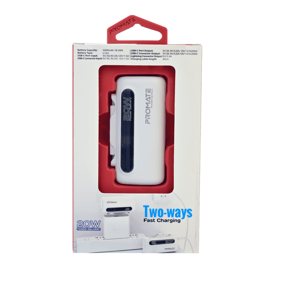 Promate Powerup-Duo Ultra-Compact Fast Charging Powerbank, 5000mAh, White