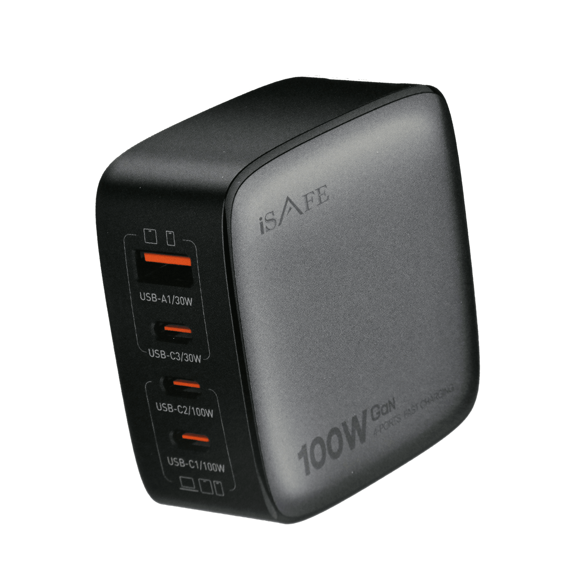 ISAFE 100W GAN HOME CHARGER Q408 WITH REPLACABLE PLUG AND TYPE-C TO TYPE-C CABLE BLACK
