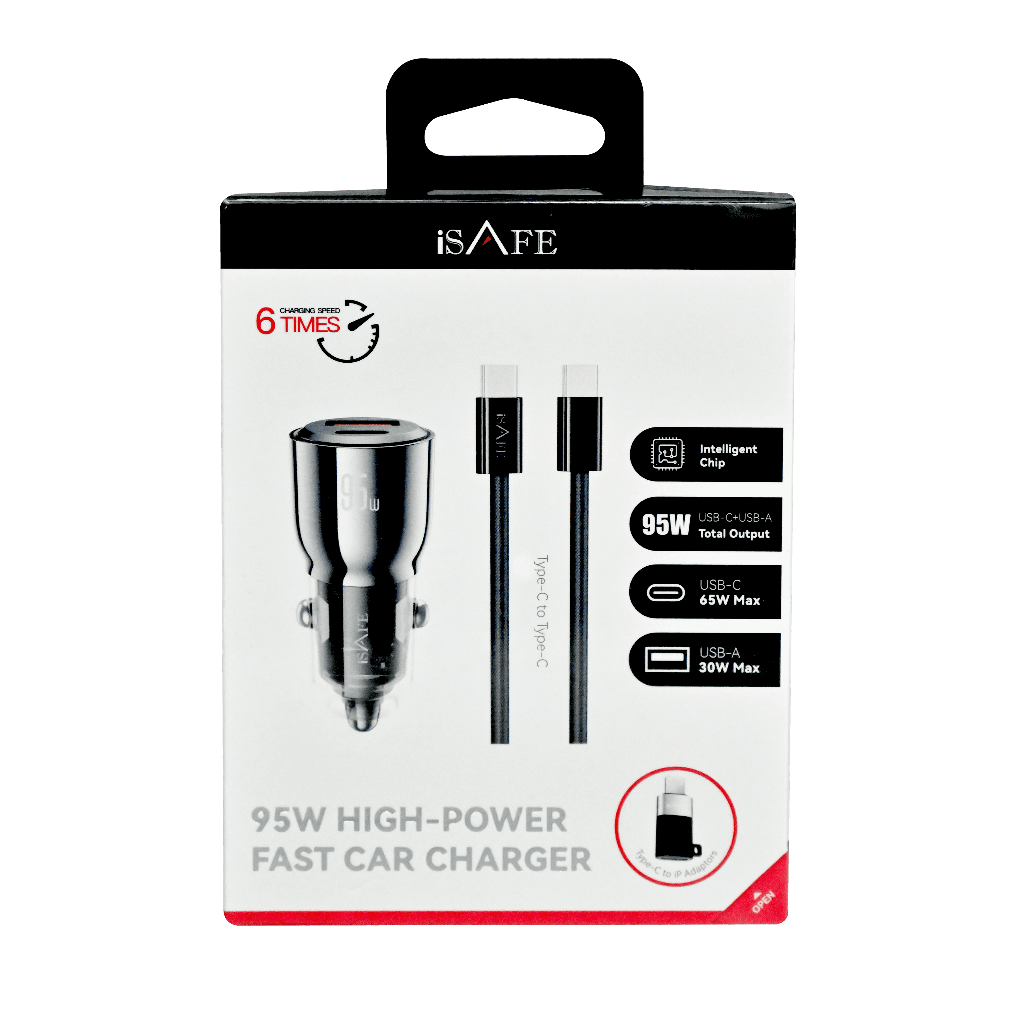 ISAFE 95W FAST CAR CHARGER WITH TYPE-C TO TYPE-C CABLE + OTG ADAPTER