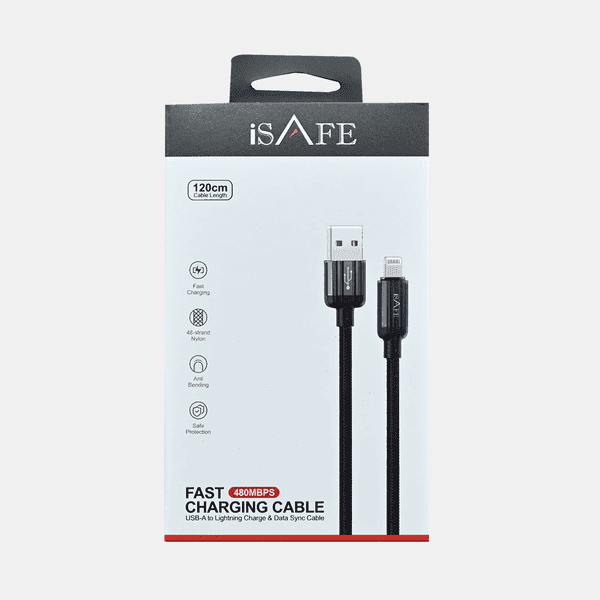 ISAFE WOVEN NYLON BRAIDED CABLE USB TO LIGHTNING BLACK