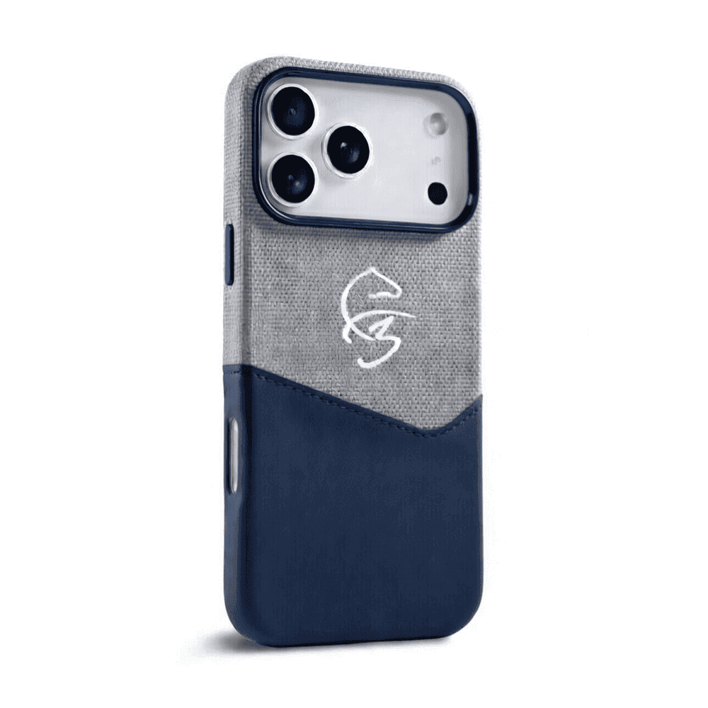 F3 iPhone 17 Pro Max Leather Case – BUVU Fazaa Hard Slim Cover Blue/Grey