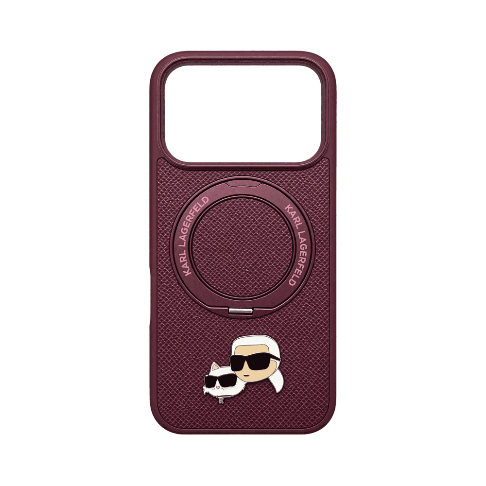 KARL MAGSAFE PU HARD CASE WITH RING STAND & KARL & CHOUPETTE HEADS PIN FOR IPHONE 18/17 PRO BURGUNDY