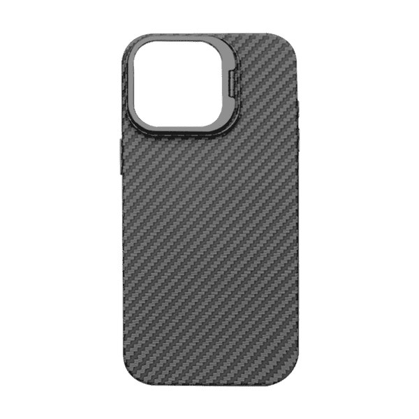 X-Fitted Silk Screen Design Carbon Fiber Case with Kick Stand for iPhone 16 Pro Max - Black